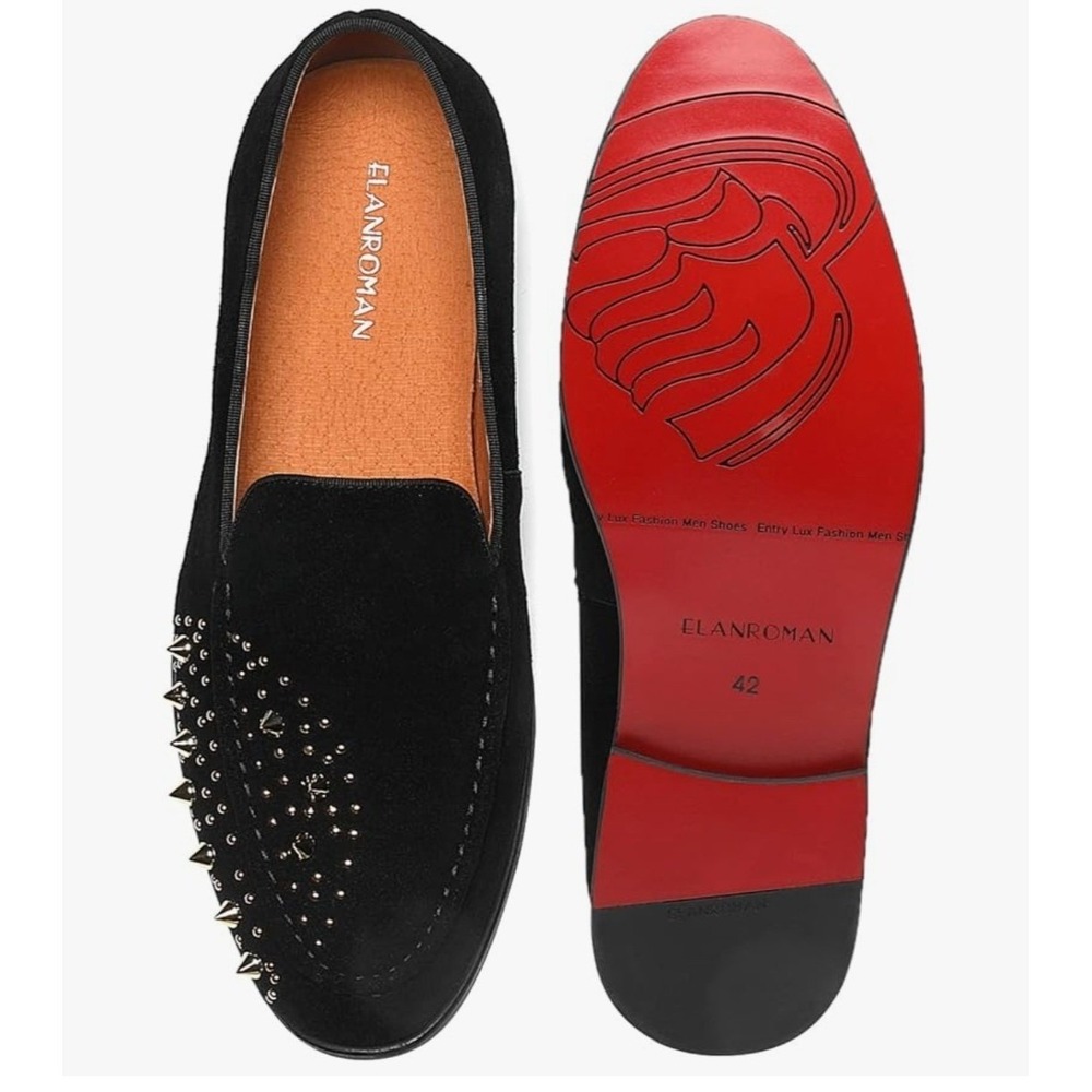 Elanroman Black Studded Loafers Gold Spikes Red Sole Shoes Womens Size 13.5 NEW - Picture 4 of 13